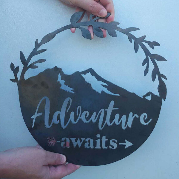 Adventure Awaits Sign featuring Sleeping Lady Mountain Range - Leavenworth Metal Co.