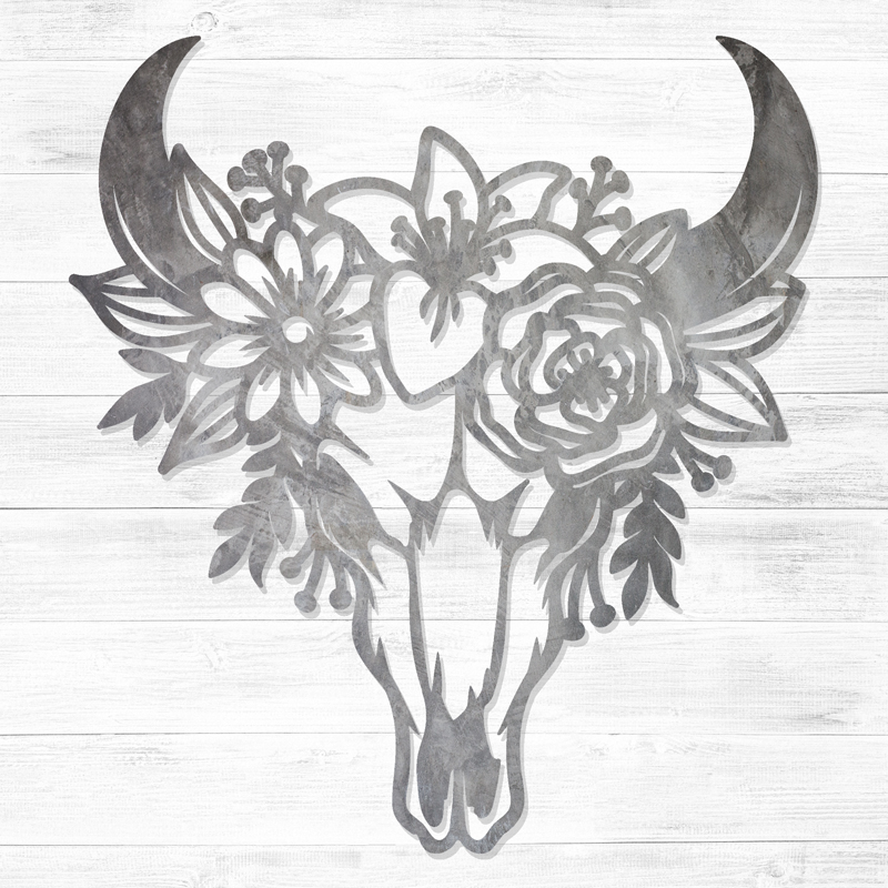 Western Floral Bull Skull Metal Wall Art - LMC